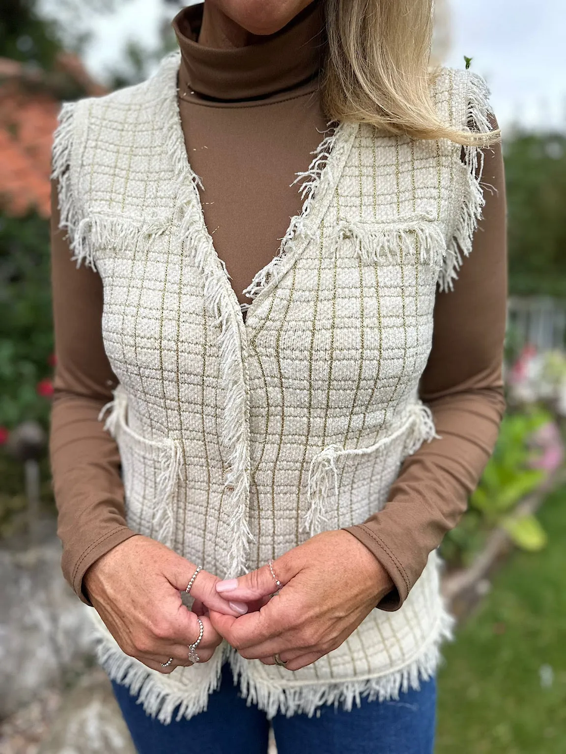 Antique Cream Premium Soft Fringed Chenille Gold Tartan Gilet