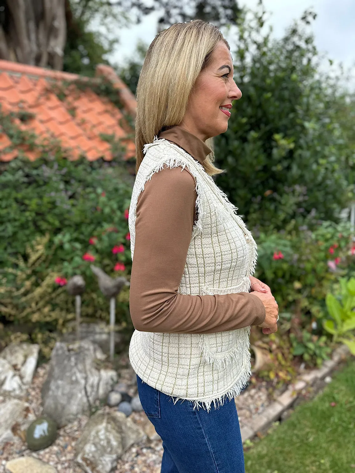 Antique Cream Premium Soft Fringed Chenille Gold Tartan Gilet