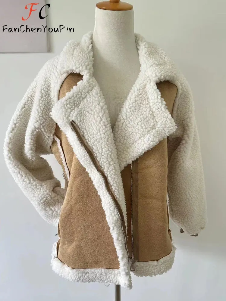 Autumn Winter Women's Coats New Fashion Casual Loose Patchwork Outerwear Harem Korean Vintage Crop Pockets Lambhair Jacket Women