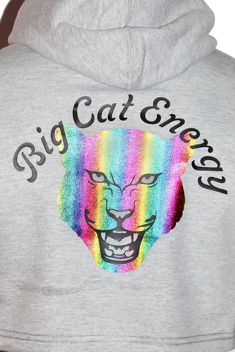Big Cat Energy Long Sleeve Crop Hoodie- Grey