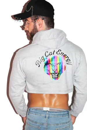 Big Cat Energy Long Sleeve Crop Hoodie- Grey