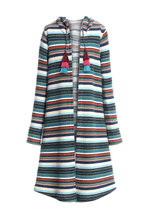Big Girls Striped Knit Long Hoodie Cardigan
