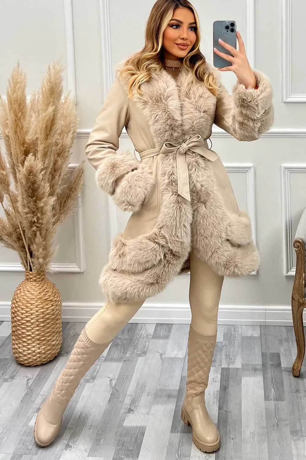 Blake Beige PU Faux Leather Faux Fur Tiered Zip Belted Longline Coat