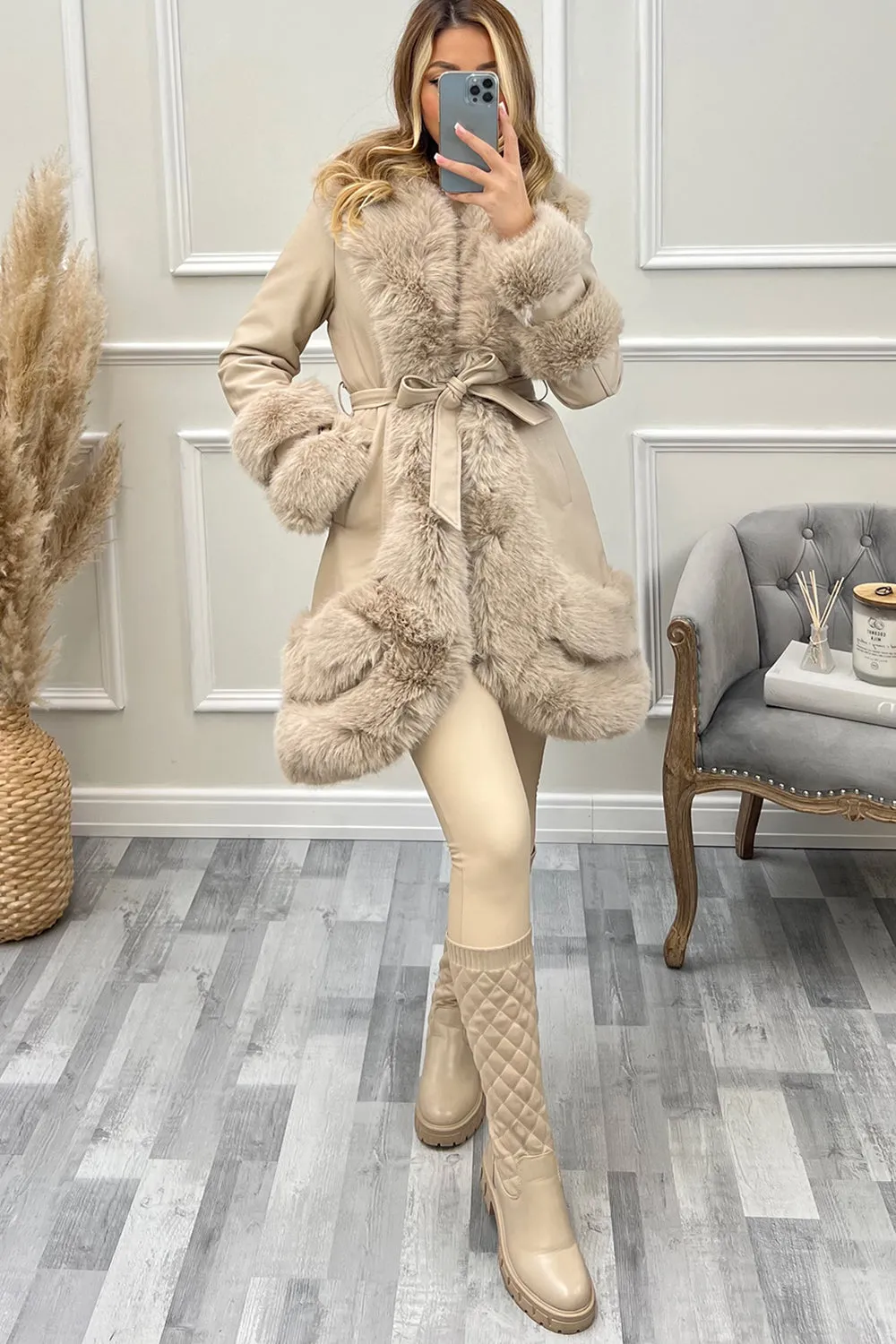 Blake Beige PU Faux Leather Faux Fur Tiered Zip Belted Longline Coat