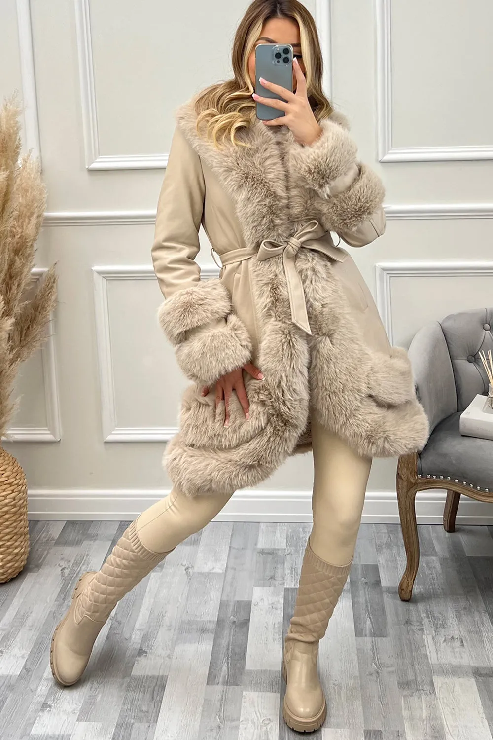 Blake Beige PU Faux Leather Faux Fur Tiered Zip Belted Longline Coat