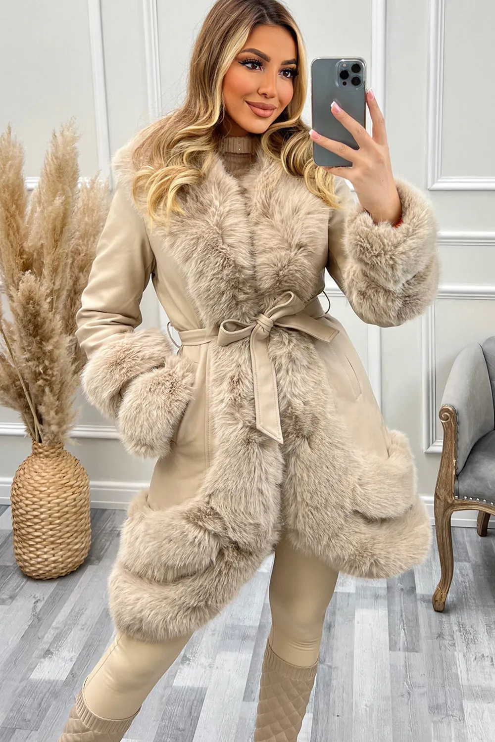 Blake Beige PU Faux Leather Faux Fur Tiered Zip Belted Longline Coat