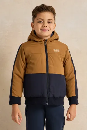 Boys Brown Embellished Hooded Jacket