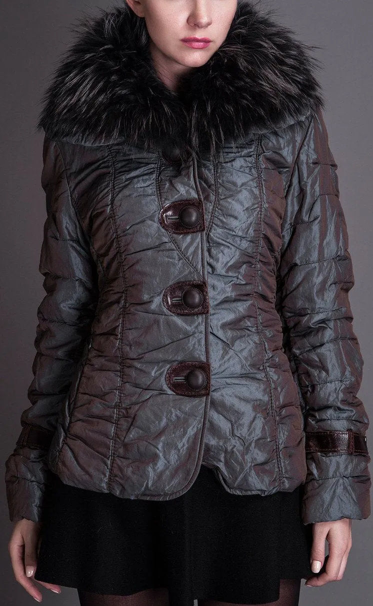 Crinkle Metallic Quilted Jacket with Fur Collar, Purple