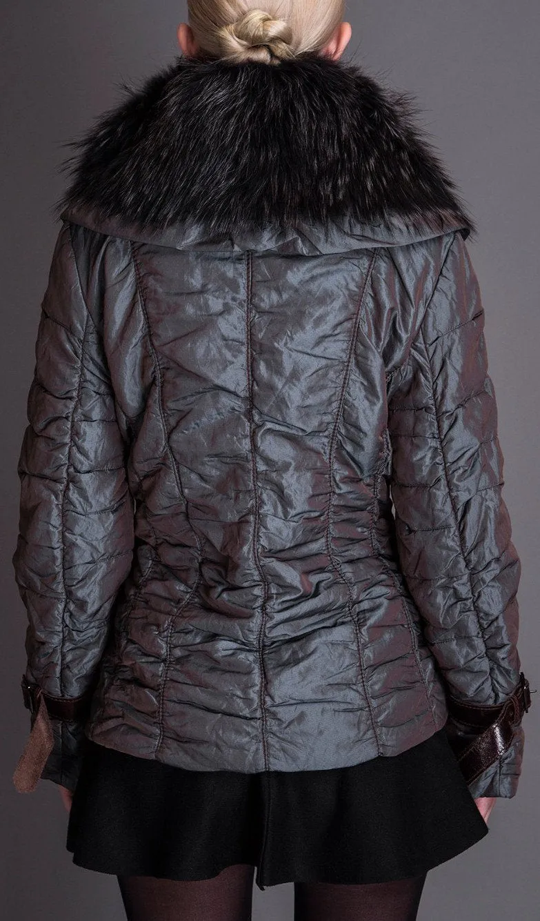 Crinkle Metallic Quilted Jacket with Fur Collar, Purple