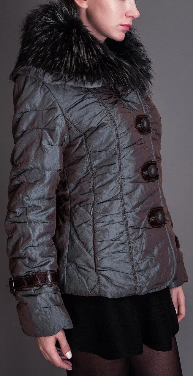 Crinkle Metallic Quilted Jacket with Fur Collar, Purple
