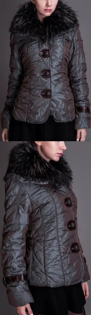 Crinkle Metallic Quilted Jacket with Fur Collar, Purple