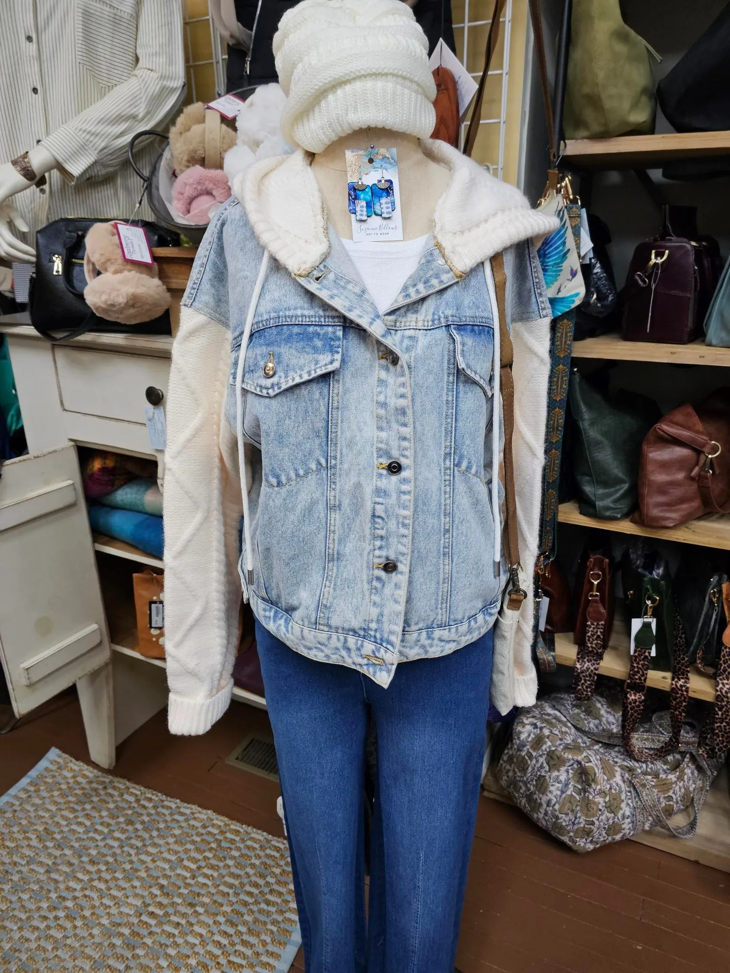 Denim Jacket with Knit Sweater Sleeves & Hood