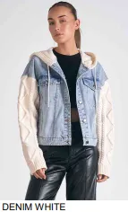 Denim Jacket with Knit Sweater Sleeves & Hood