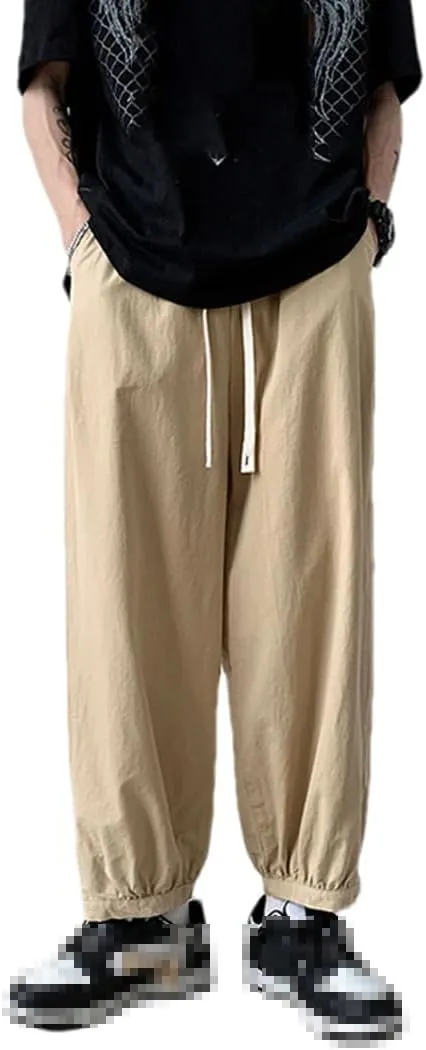 Disimlarl Men's Casual Pants Solid Color Drawstring Harem Pants Wide Leg Trousers Loose Sweatpants