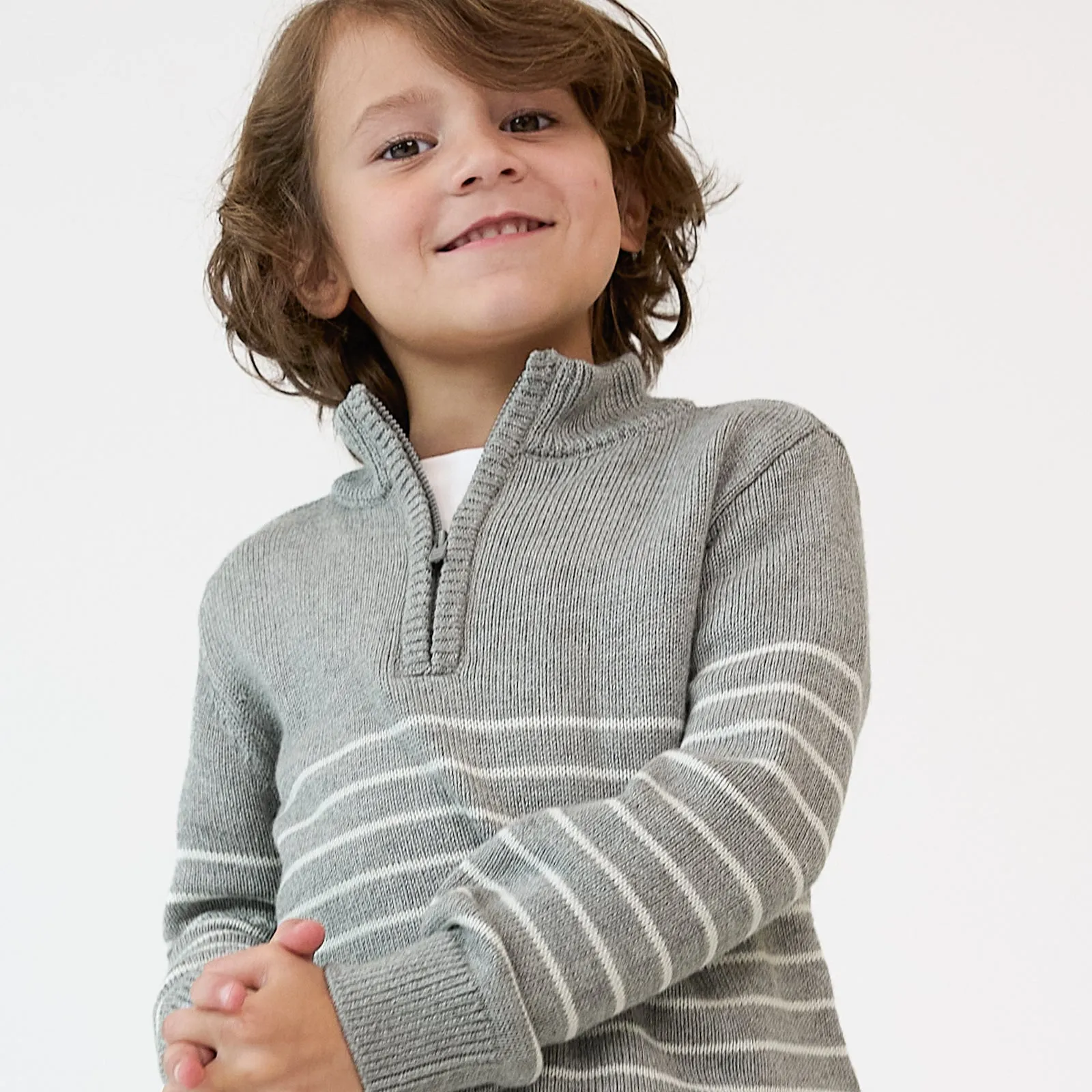 Heather Gray Stripes Zip Sweater