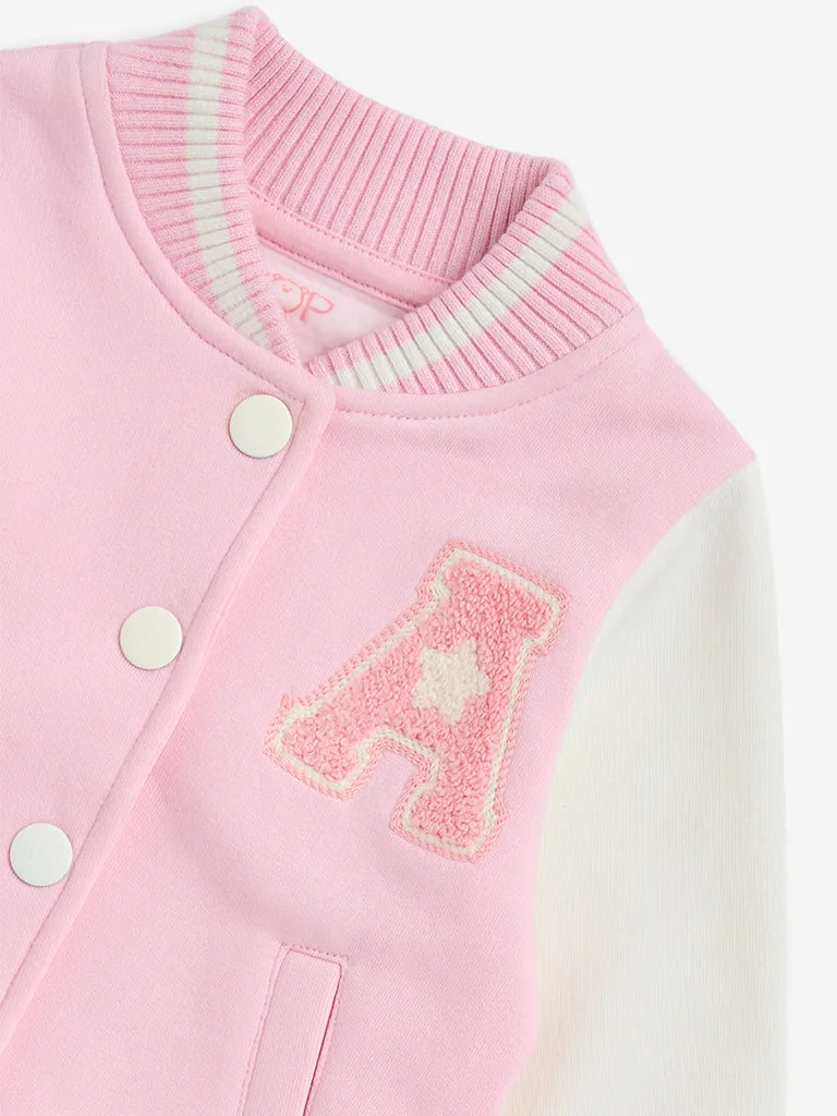 HOP Baby Pink Applique-Detailed Cotton-Blend Varsity Jacket