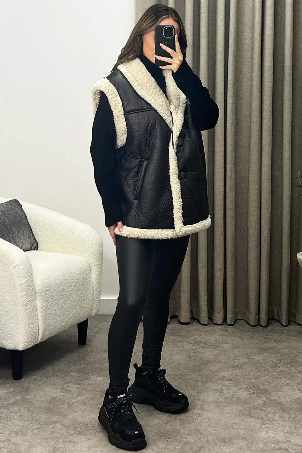 Kelani Black Faux Leather PU Faux Fur Trim Aviator Gilet