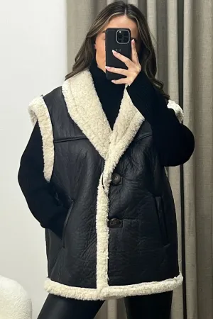Kelani Black Faux Leather PU Faux Fur Trim Aviator Gilet
