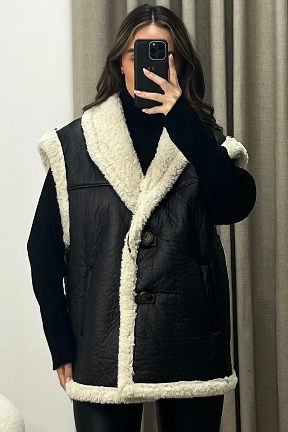 Kelani Black Faux Leather PU Faux Fur Trim Aviator Gilet