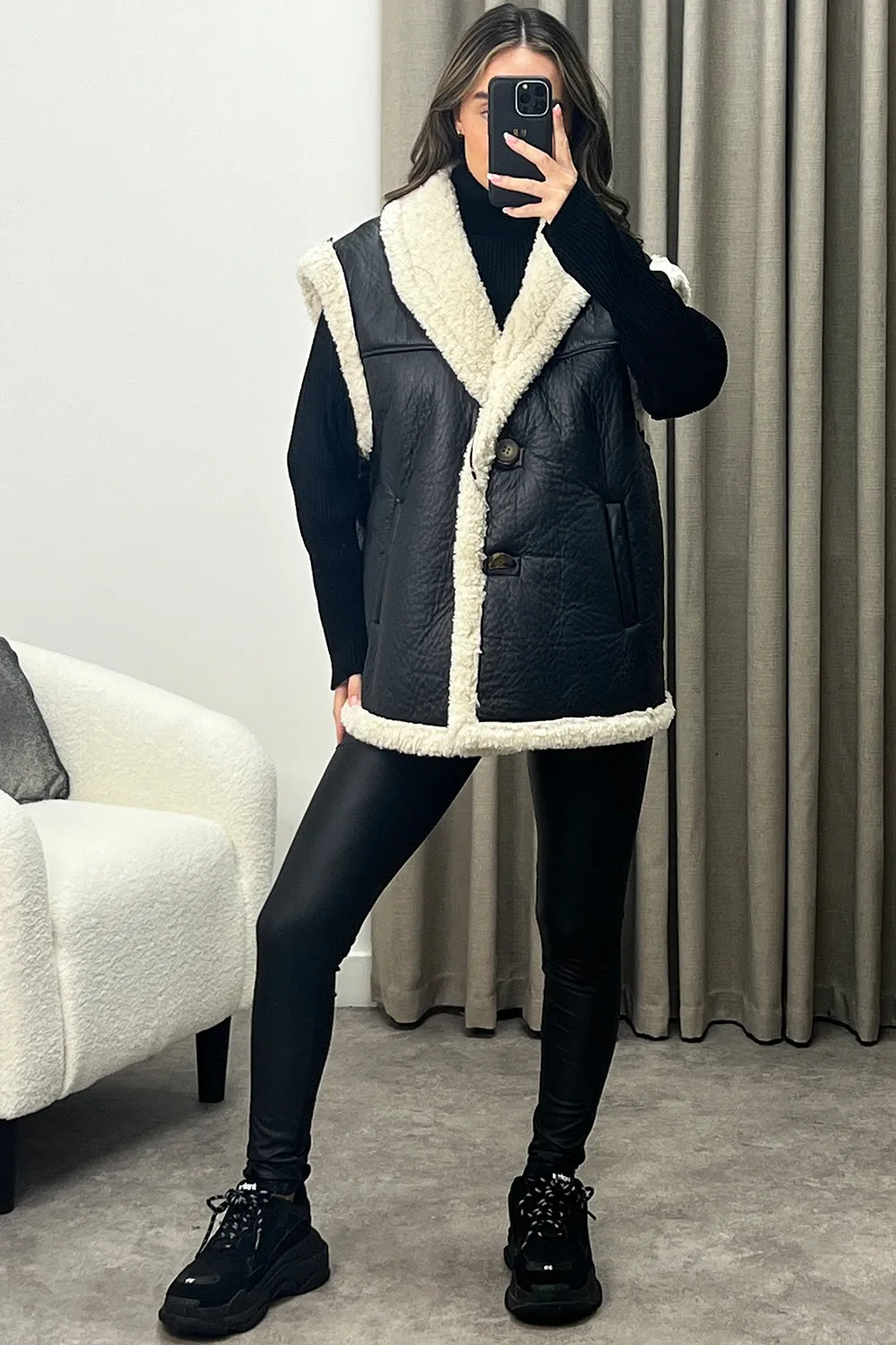 Kelani Black Faux Leather PU Faux Fur Trim Aviator Gilet