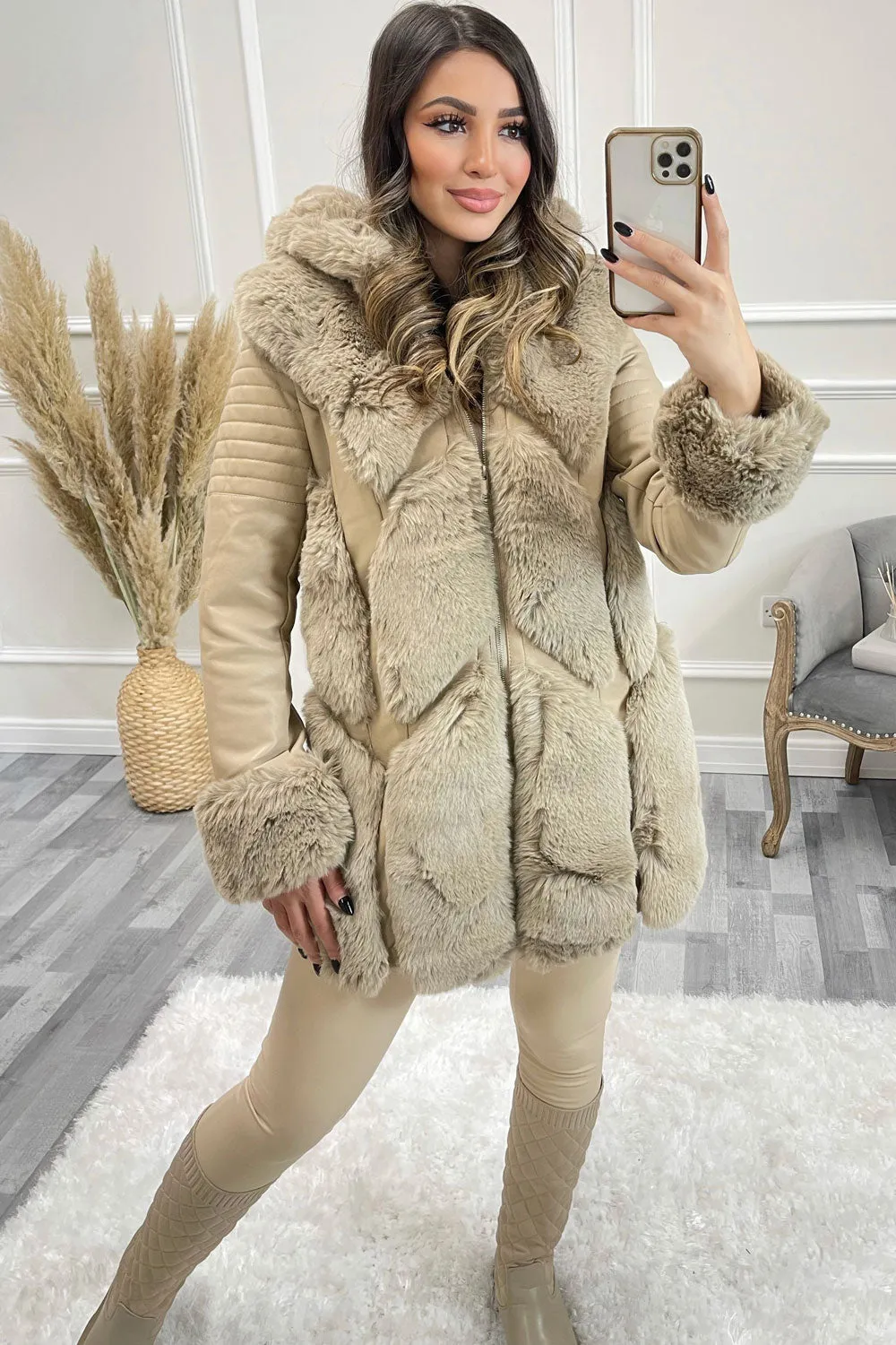 Kiko Beige PU Faux Leather Faux Fur Trim Longline Coat