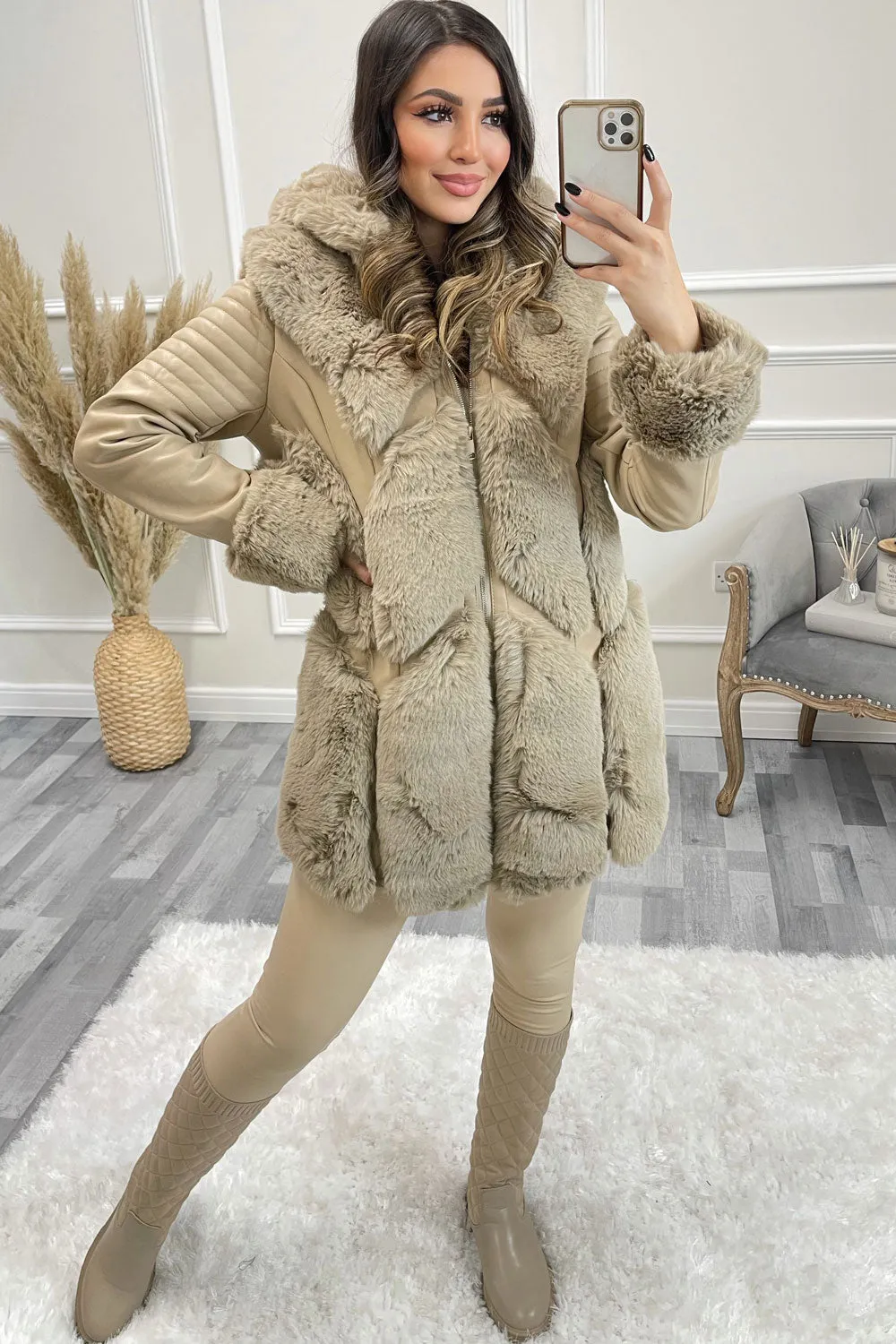 Kiko Beige PU Faux Leather Faux Fur Trim Longline Coat