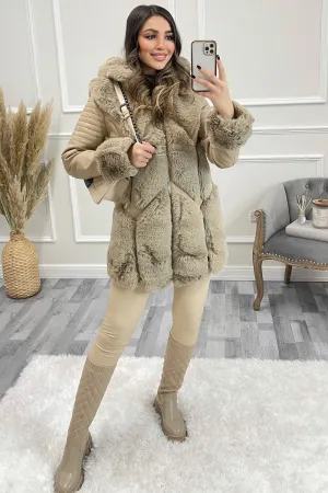 Kiko Beige PU Faux Leather Faux Fur Trim Longline Coat