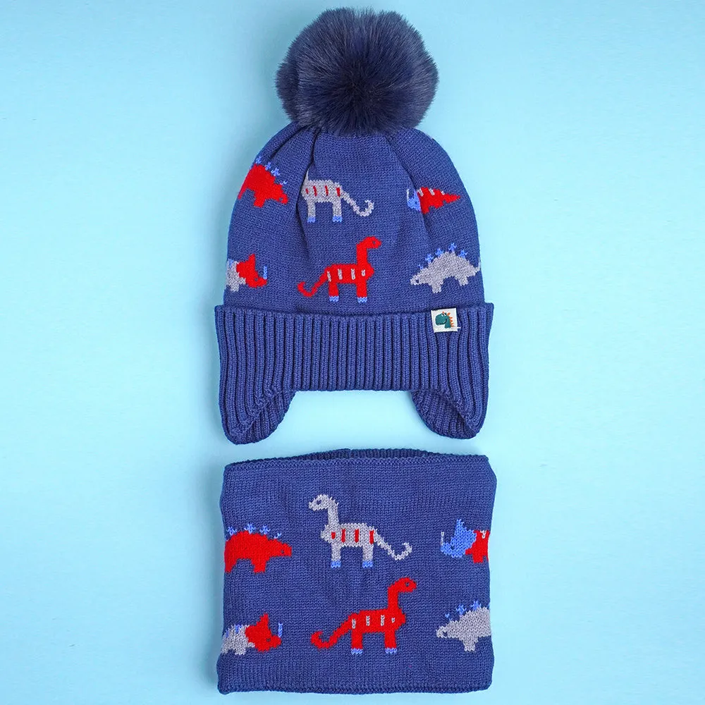 Little Surpise Box 2Pcs Blue & Red Dino Themed Beanie Winter Cap With Matching Neck Cuff Style Muffler For Kids