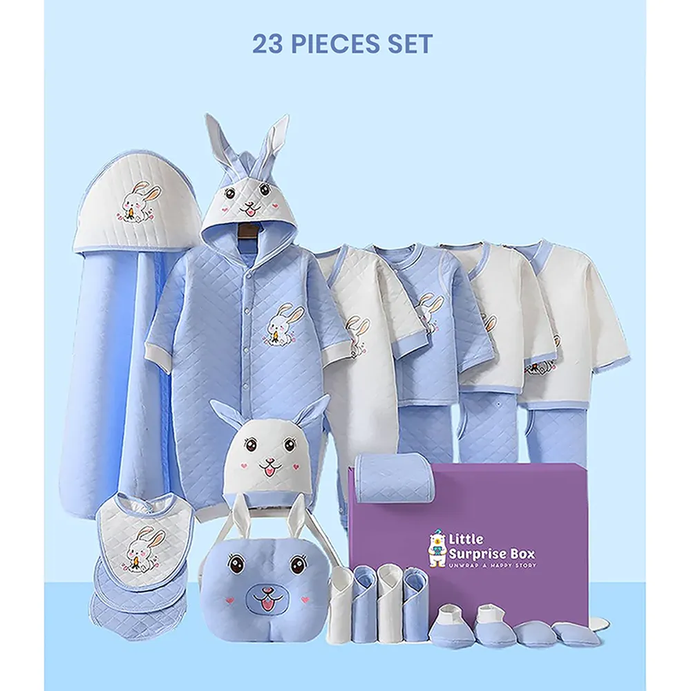 Little Surprise Box 24 Pcs Winter Wear White Blue Dual Bunny Newborn Baby Girl/ Boy Gift Hamper Box