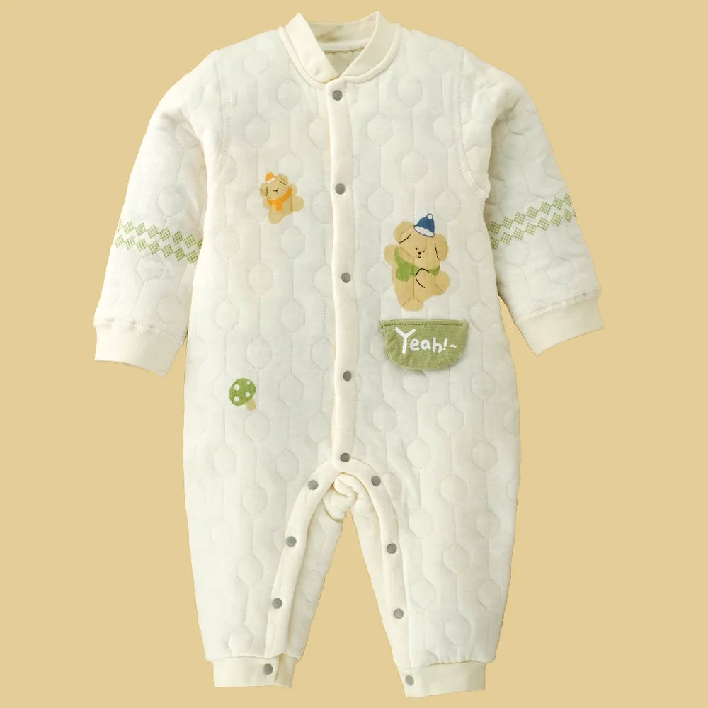 Little Surprise Box, Quilted Cream & Green Winterwear, Full Sleeves Romper For Tiny Toddlers