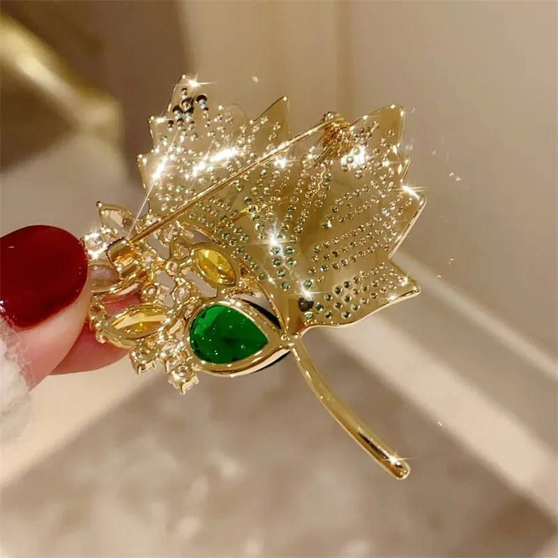Luxurious Rhinestone Maple Leaf Design Brooch Pins