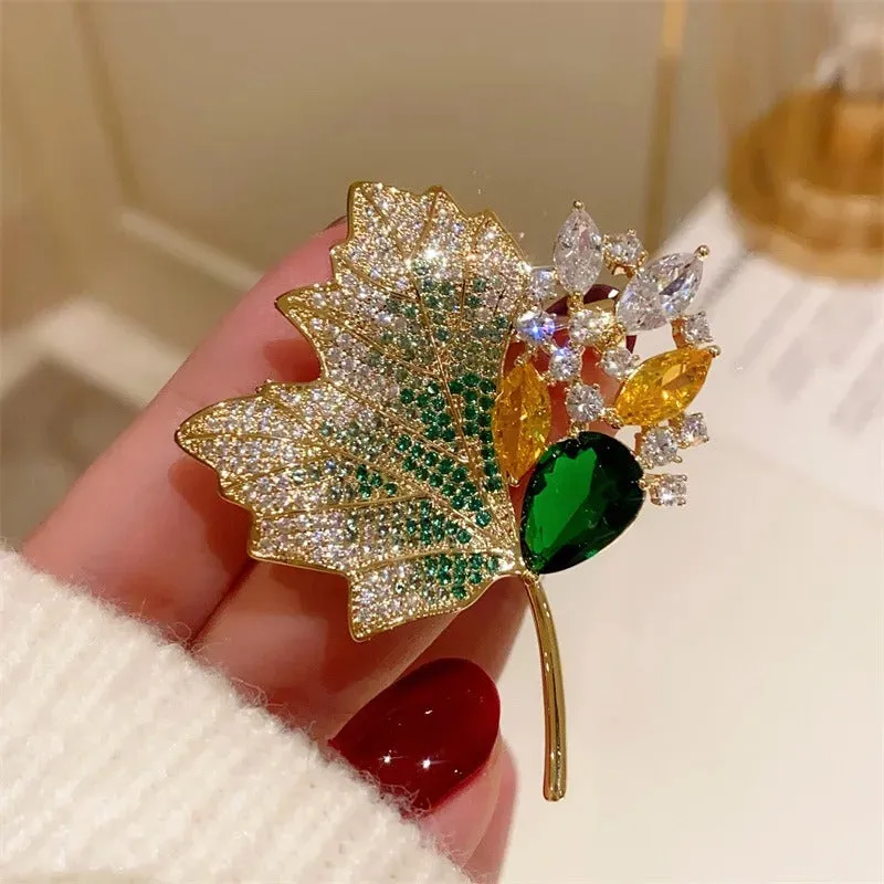 Luxurious Rhinestone Maple Leaf Design Brooch Pins