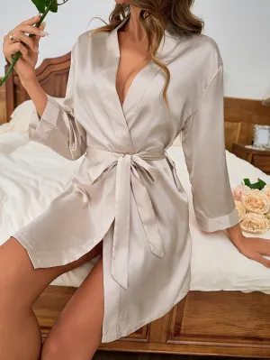 Luxurious Velvet Long Sleeve V-Neck Satin Night Robe with Belt - Soft, Cozy, and Elegant Women's Loungewear & Sleepwear for Ultimate Relaxation - Perfect for Spa, Home, or Travel