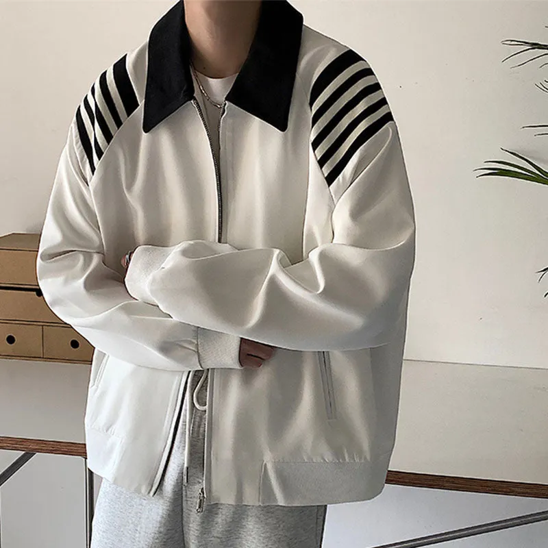 Men's Casual Loose Lapels Contrasting Stripes Zip Closure Baseball Jackets