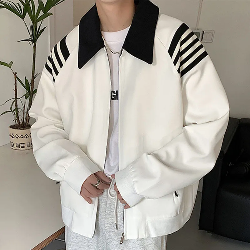Men's Casual Loose Lapels Contrasting Stripes Zip Closure Baseball Jackets