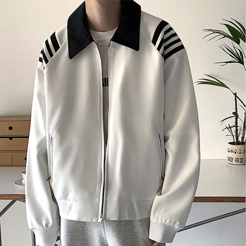 Men's Casual Loose Lapels Contrasting Stripes Zip Closure Baseball Jackets