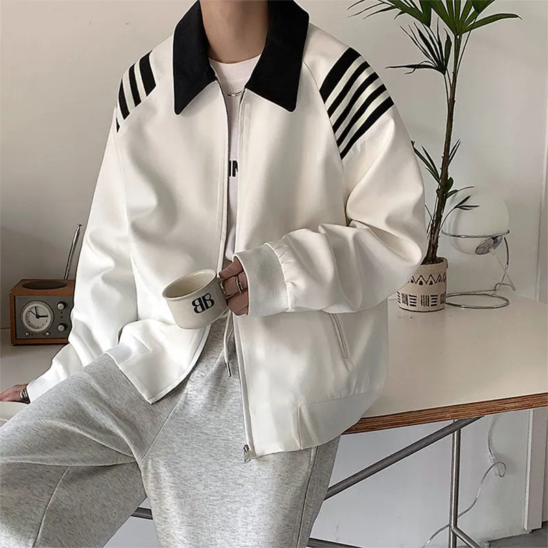 Men's Casual Loose Lapels Contrasting Stripes Zip Closure Baseball Jackets