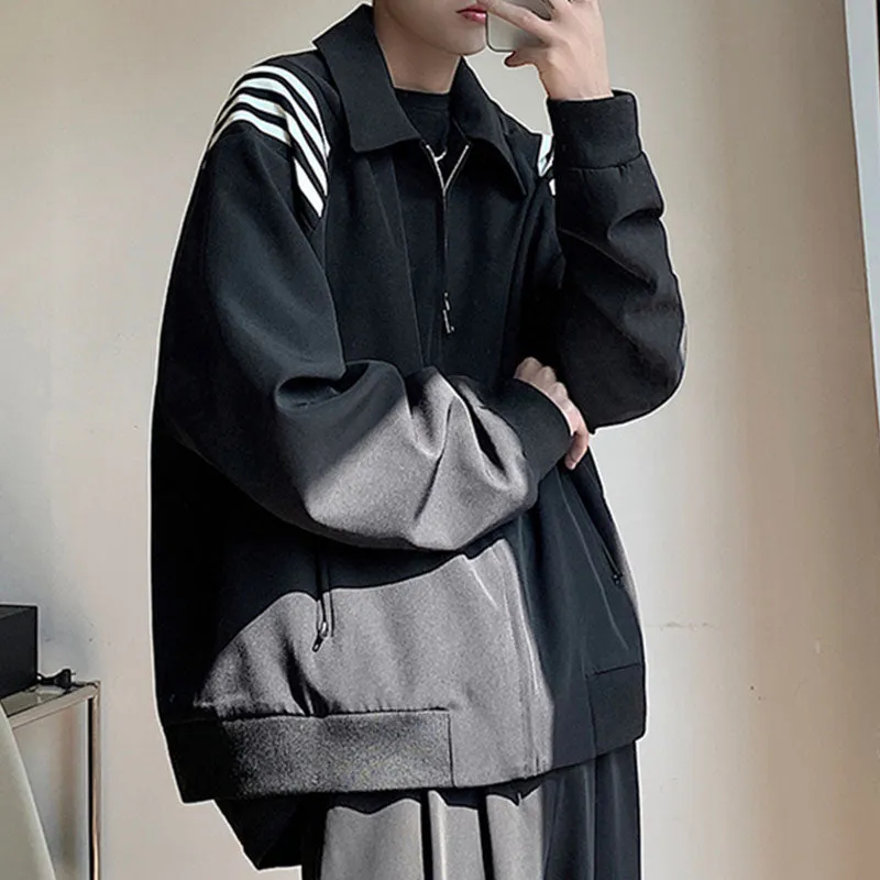 Men's Casual Loose Lapels Contrasting Stripes Zip Closure Baseball Jackets