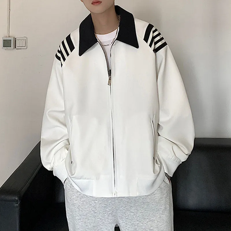 Men's Casual Loose Lapels Contrasting Stripes Zip Closure Baseball Jackets