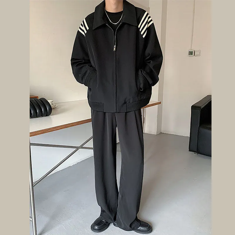 Men's Casual Loose Lapels Contrasting Stripes Zip Closure Baseball Jackets