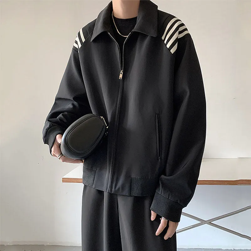 Men's Casual Loose Lapels Contrasting Stripes Zip Closure Baseball Jackets