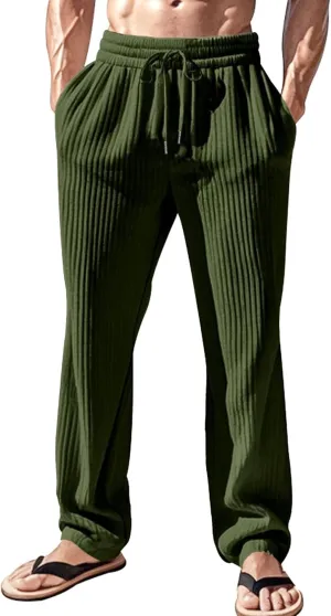 Men's Straight Leg Ribbed Outdoor Pants Casual Solid Textured Trousers Loose Fit Drawstring Comfort Sweatpants