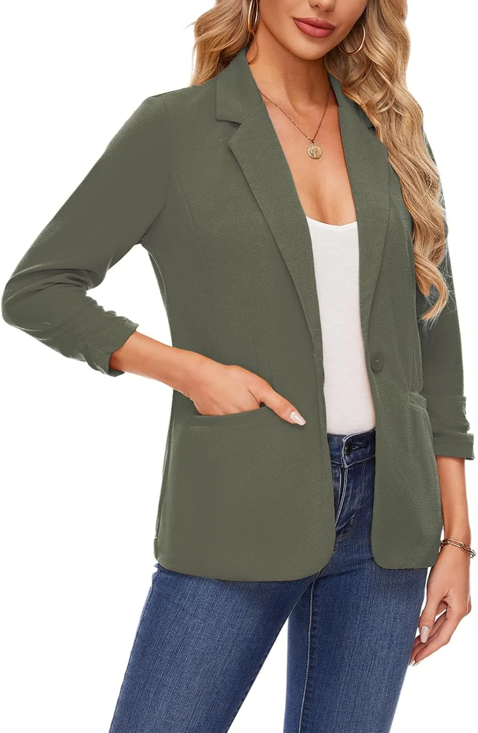 MINTLIMIT Women's Casual Blazer 3/4 Ruched Sleeve Open Front Button Work Office Blazer Jackets with Pockets