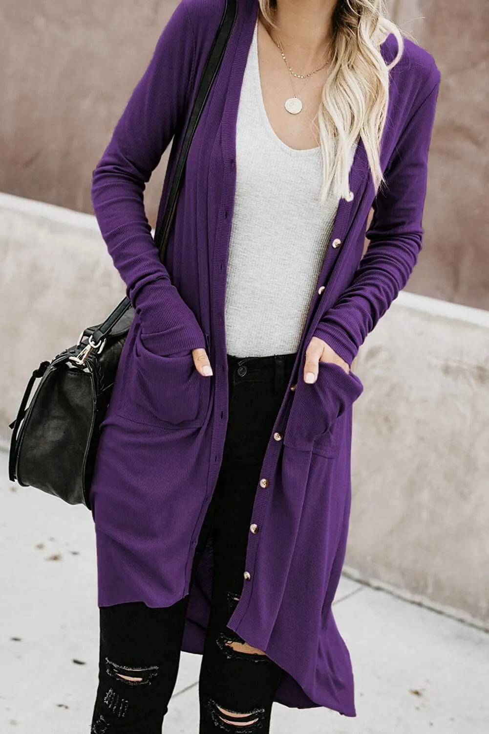 Naggoo Women's Long Cardigans Button Down High Low Solid Knit Loose Cardigans with Pockets