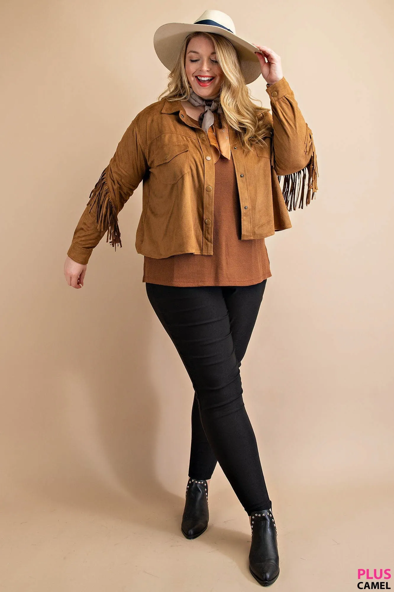 PLUS Camel Faux Suede Fringe Jacket