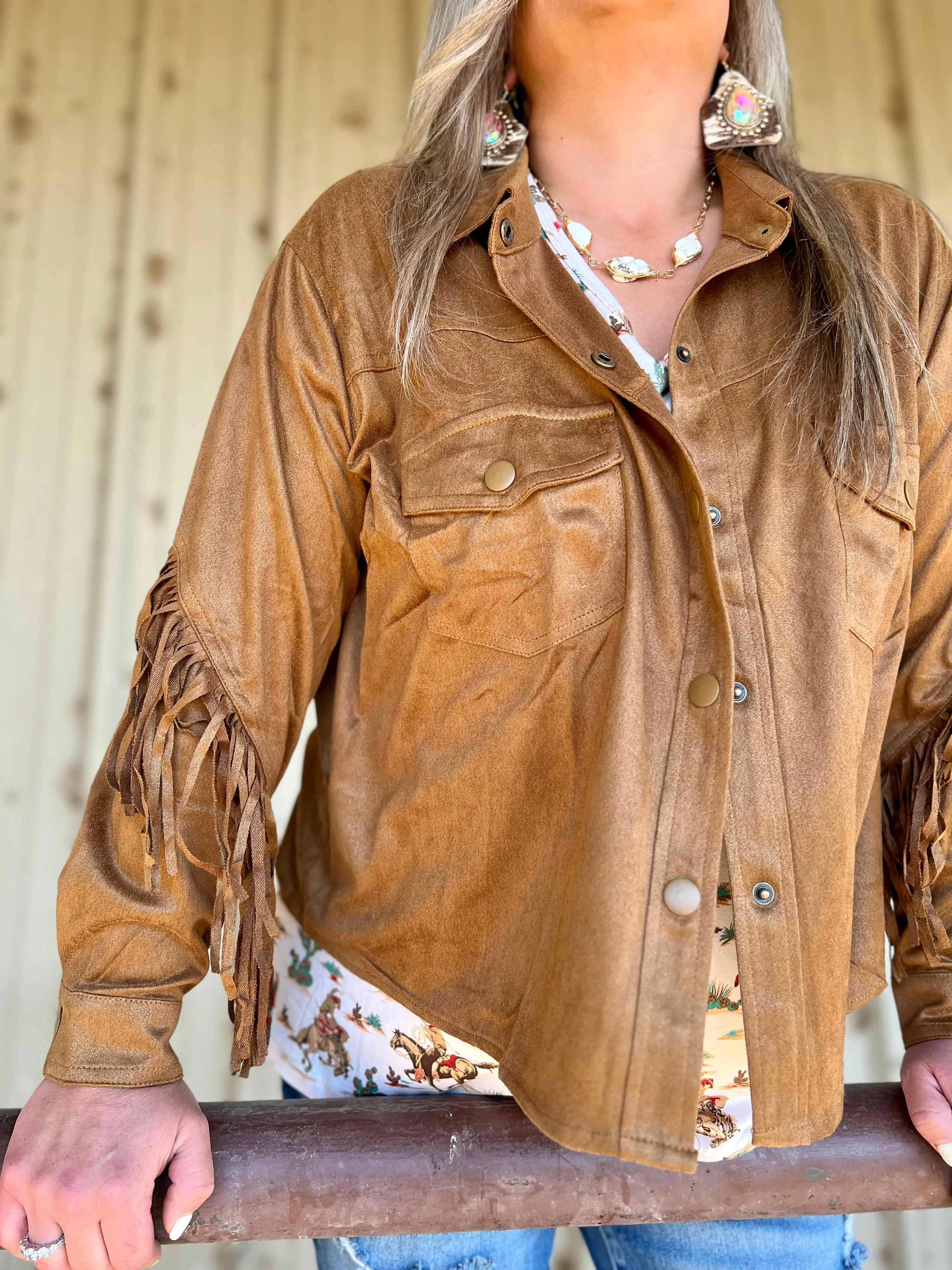 PLUS Camel Faux Suede Fringe Jacket