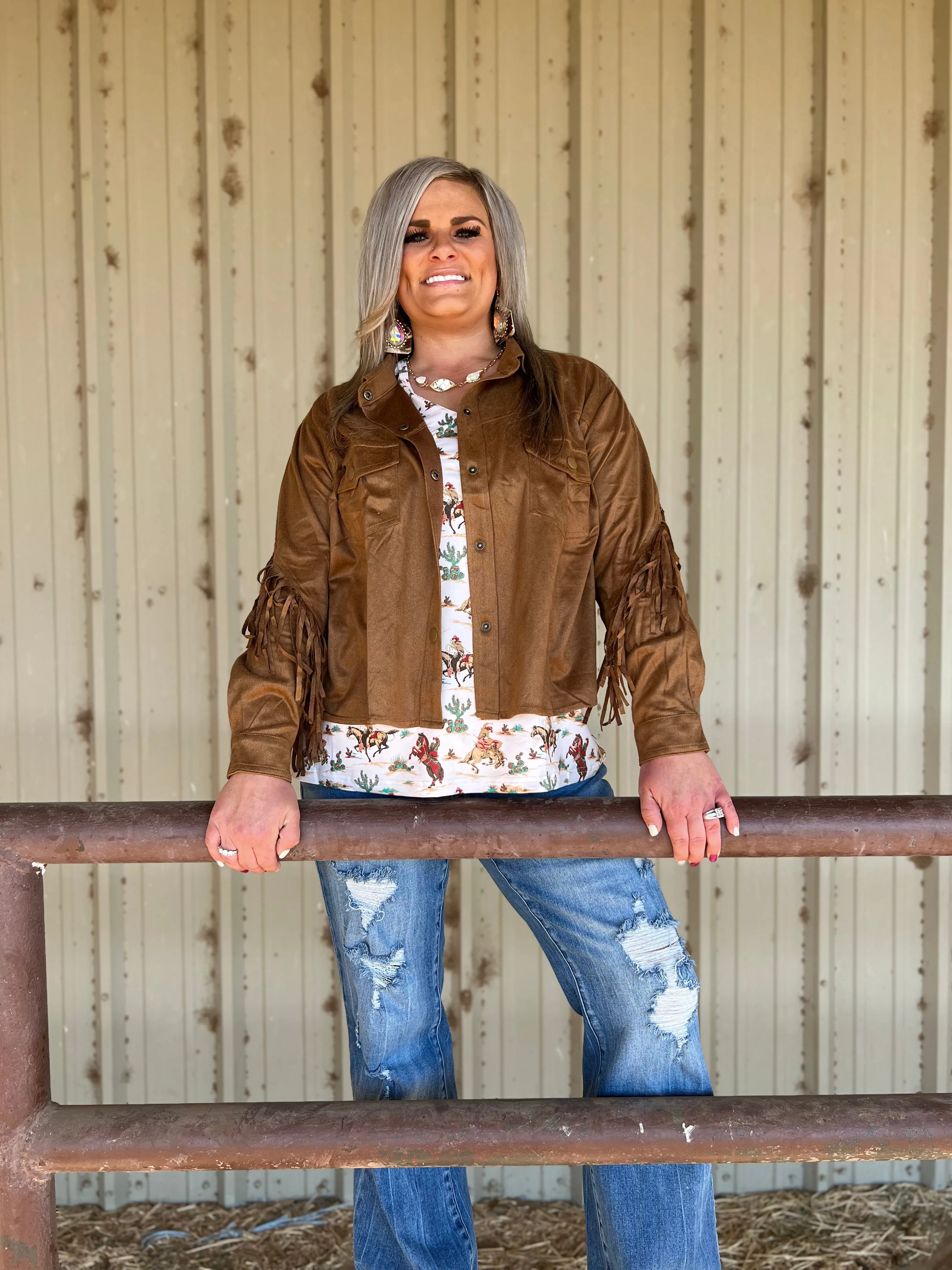 PLUS Camel Faux Suede Fringe Jacket