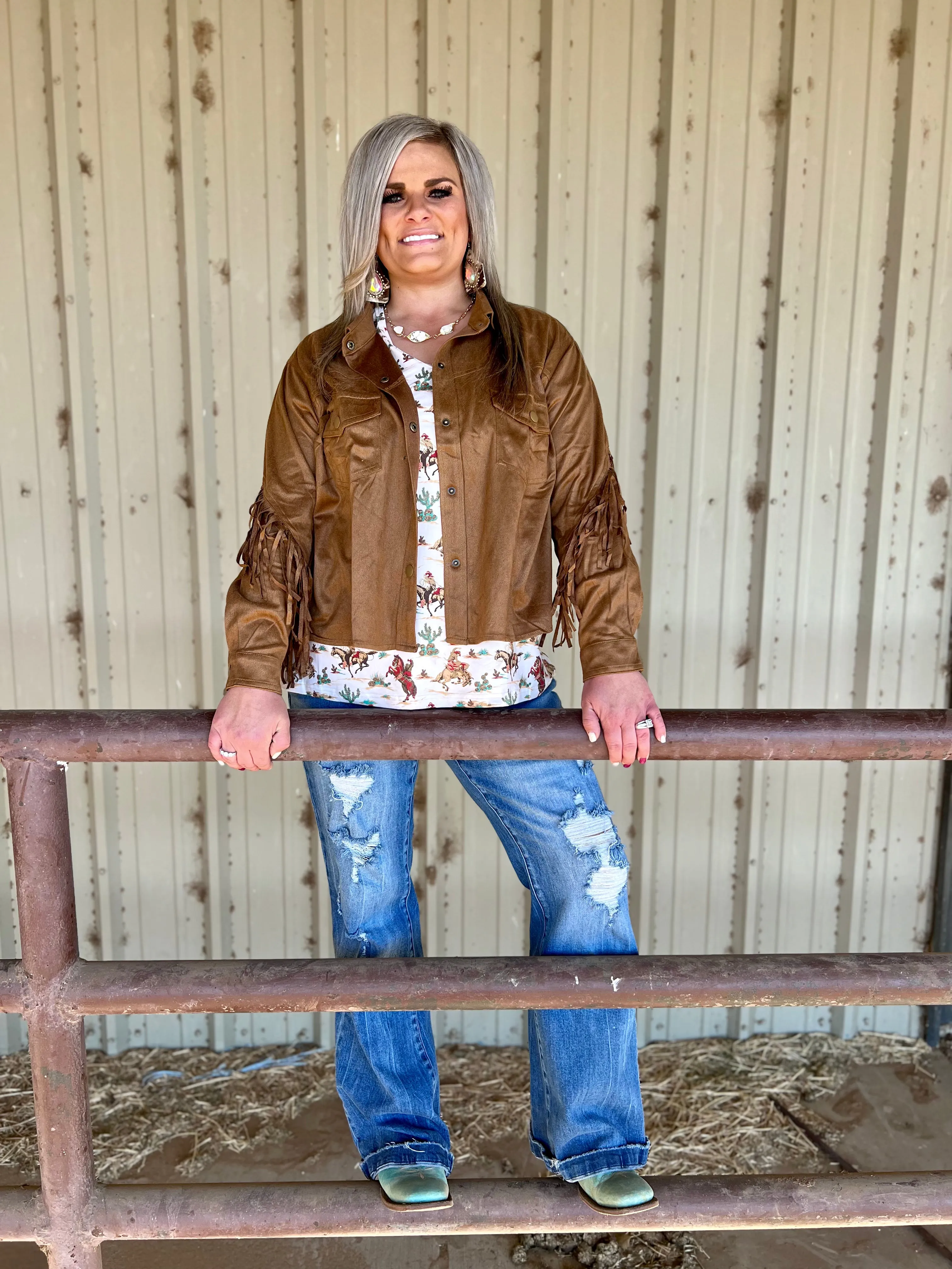 PLUS Camel Faux Suede Fringe Jacket