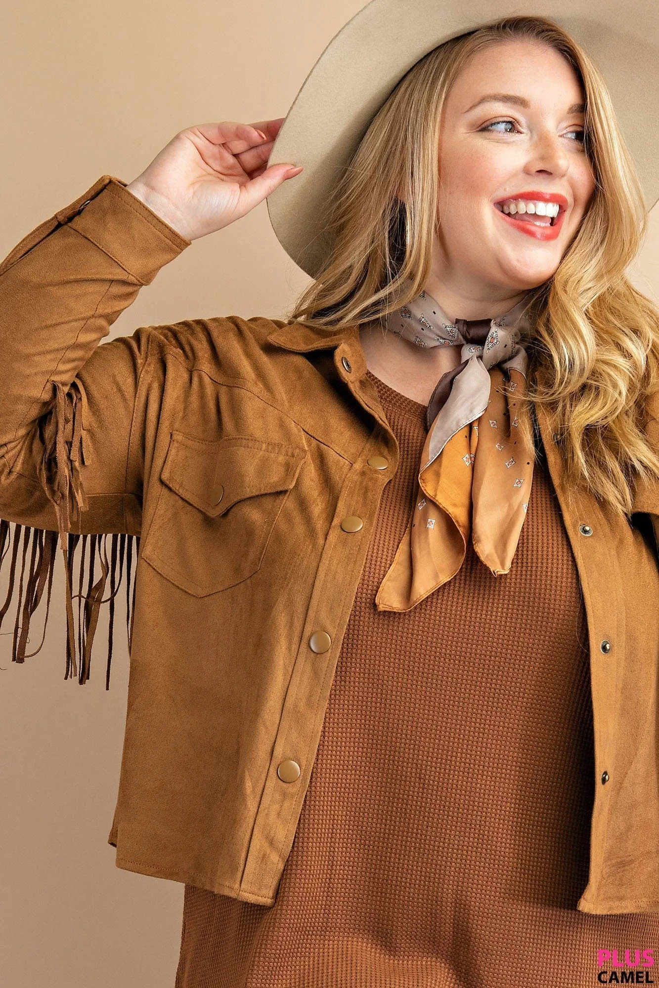 PLUS Camel Faux Suede Fringe Jacket