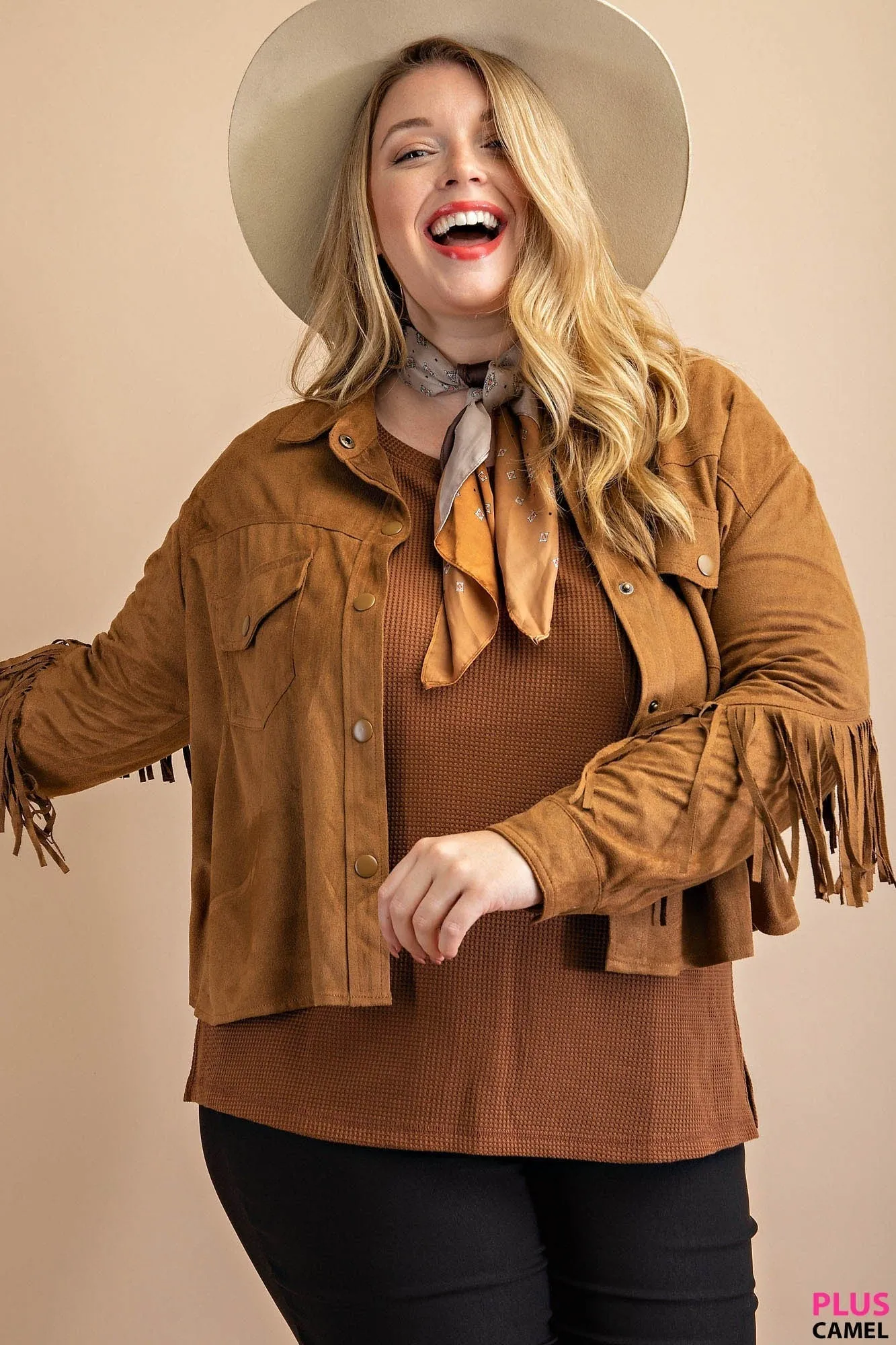 PLUS Camel Faux Suede Fringe Jacket